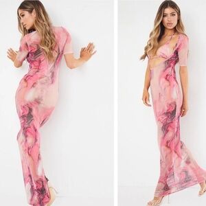 Open chest, exposed bra, sheer maxi dress